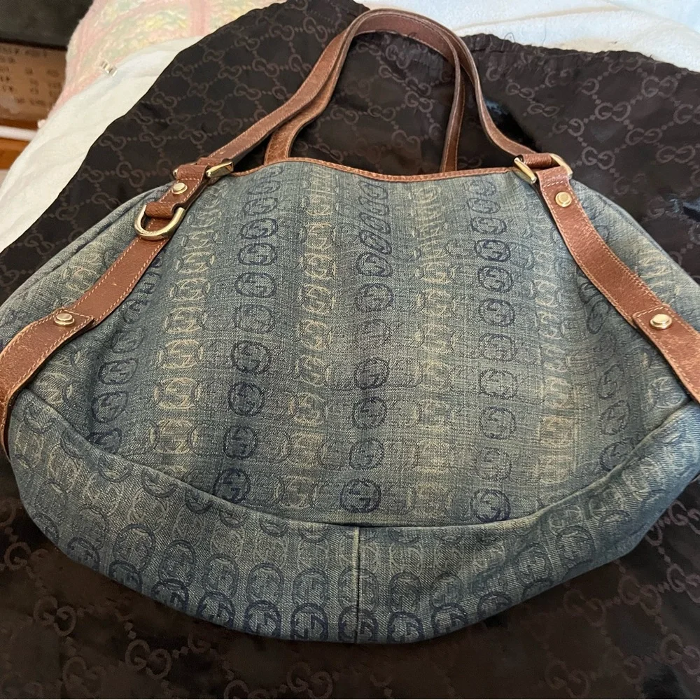 Gucci Blue Denim Tote with Brown Leather Straps - Picture 1 of 11